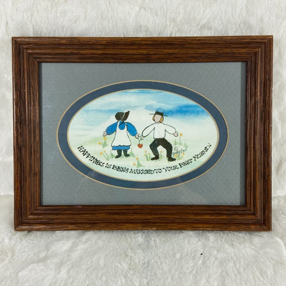 Vintage Framed Watercolor Print by Artist Sandy Lord Amish Couple with a Verse